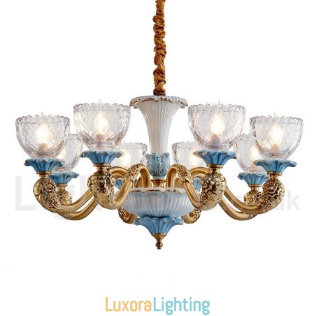 Designer Touch Decorative Retro Vintage Brass Ceramics Pendant Candle Chandelier with Glass Shades
