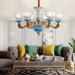 Designer Touch Decorative Retro Vintage Brass Ceramics Pendant Candle Chandelier with Glass Shades