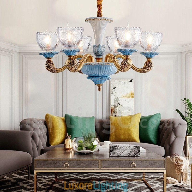 Designer Touch Decorative Retro Vintage Brass Ceramics Pendant Candle Chandelier with Glass Shades