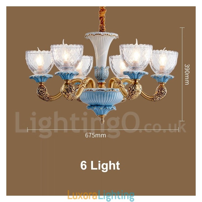 Designer Touch Decorative Retro Vintage Brass Ceramics Pendant Candle Chandelier with Glass Shades