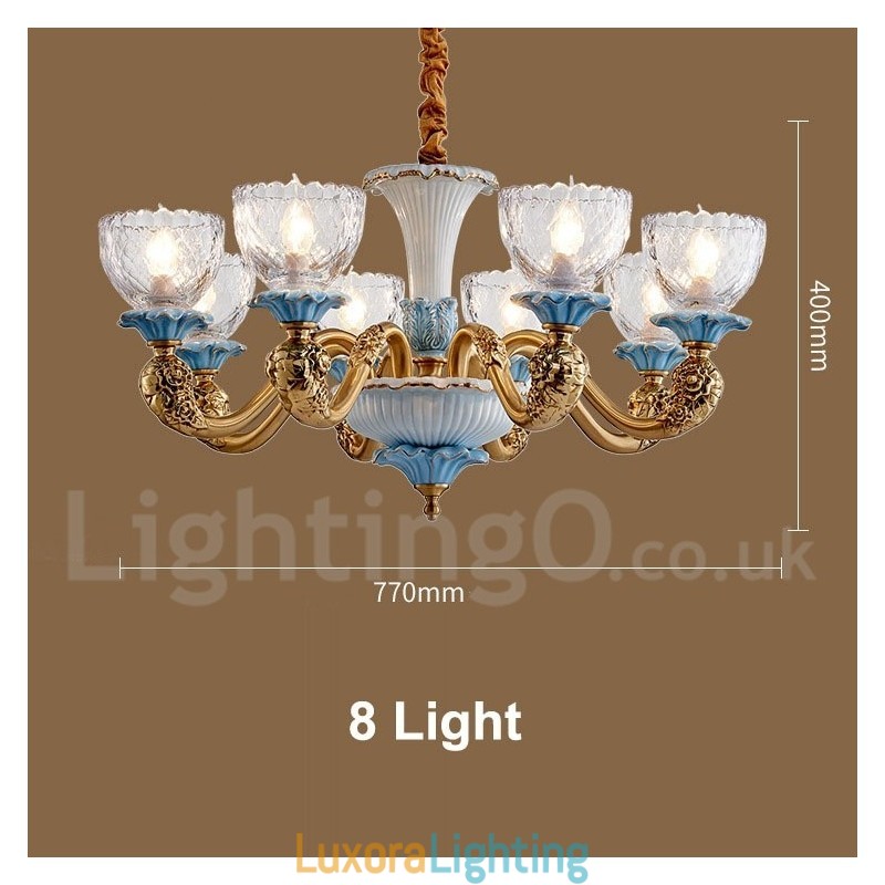 Designer Touch Decorative Retro Vintage Brass Ceramics Pendant Candle Chandelier with Glass Shades