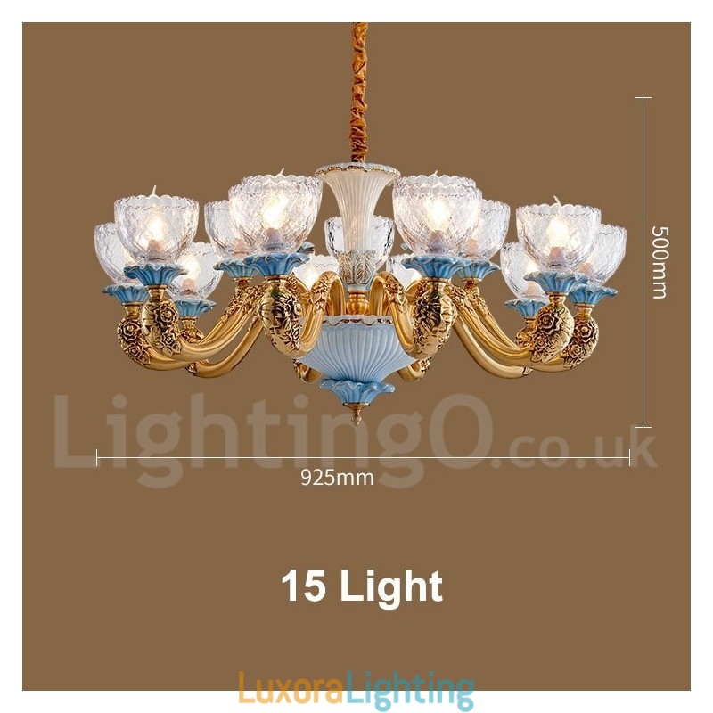 Designer Touch Decorative Retro Vintage Brass Ceramics Pendant Candle Chandelier with Glass Shades