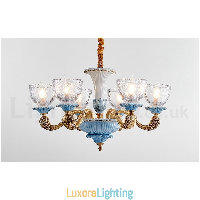 Designer Touch Decorative Retro Vintage Brass Ceramics Pendant Candle Chandelier with Glass Shades