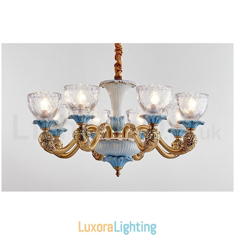 Designer Touch Decorative Retro Vintage Brass Ceramics Pendant Candle Chandelier with Glass Shades