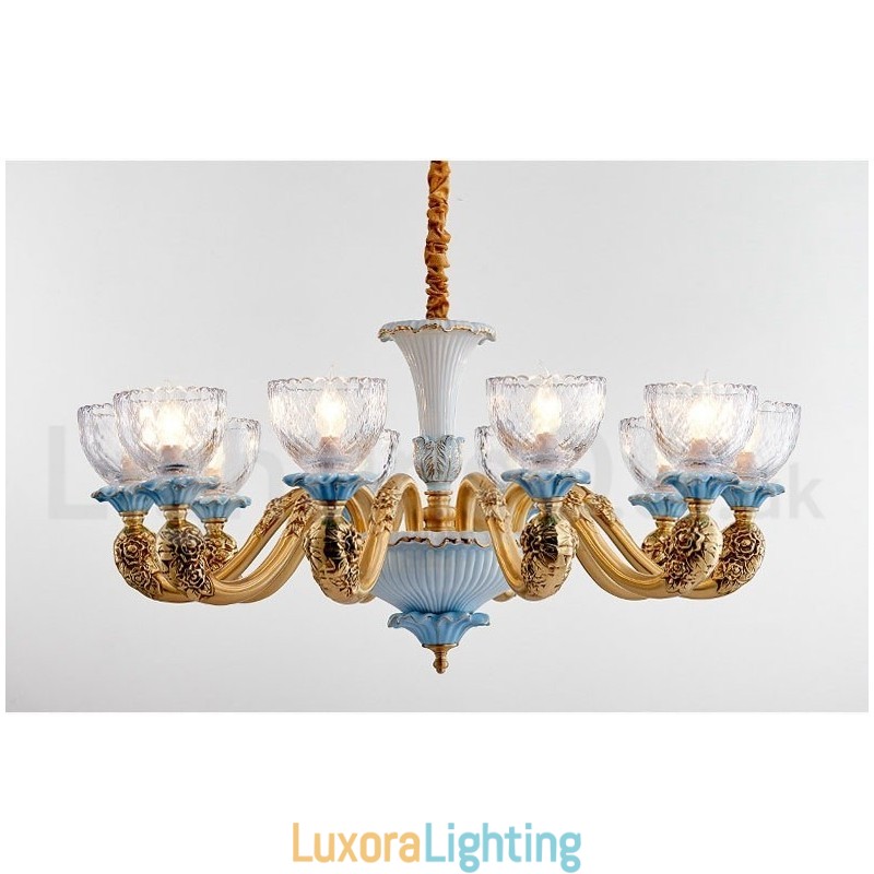 Designer Touch Decorative Retro Vintage Brass Ceramics Pendant Candle Chandelier with Glass Shades
