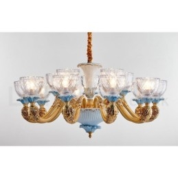 Designer Touch Decorative Retro Vintage Brass Ceramics Pendant Candle Chandelier with Glass Shades