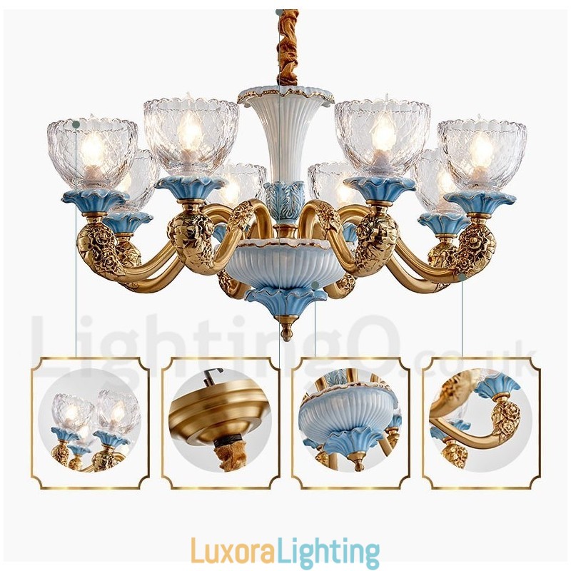 Designer Touch Decorative Retro Vintage Brass Ceramics Pendant Candle Chandelier with Glass Shades