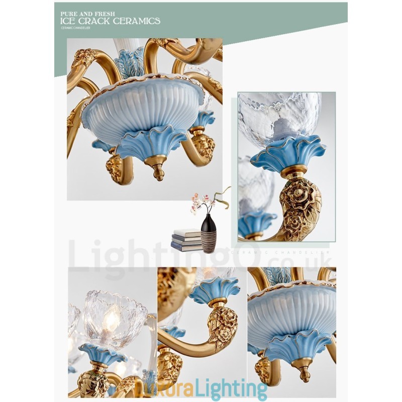 Designer Touch Decorative Retro Vintage Brass Ceramics Pendant Candle Chandelier with Glass Shades