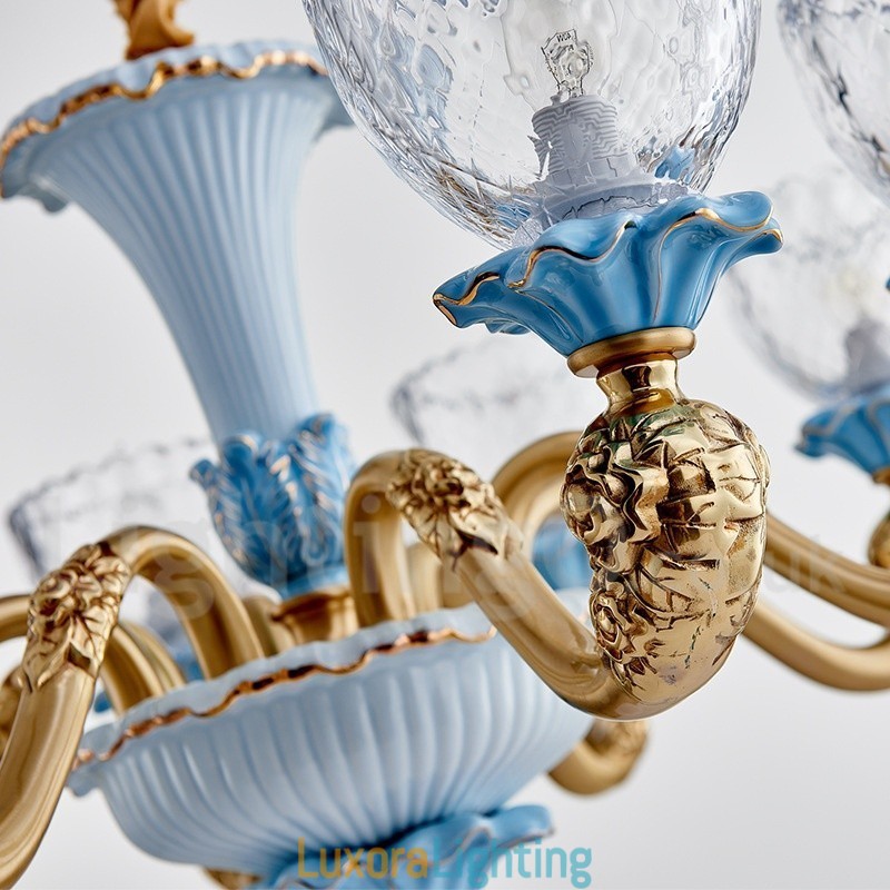 Designer Touch Decorative Retro Vintage Brass Ceramics Pendant Candle Chandelier with Glass Shades