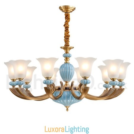 Designer Touch Decorative Retro Vintage Brass Ceramics Pendant Candle Chandelier with Glass Shades