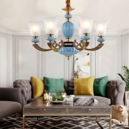 Designer Touch Decorative Retro Vintage Brass Ceramics Pendant Candle Chandelier with Glass Shades