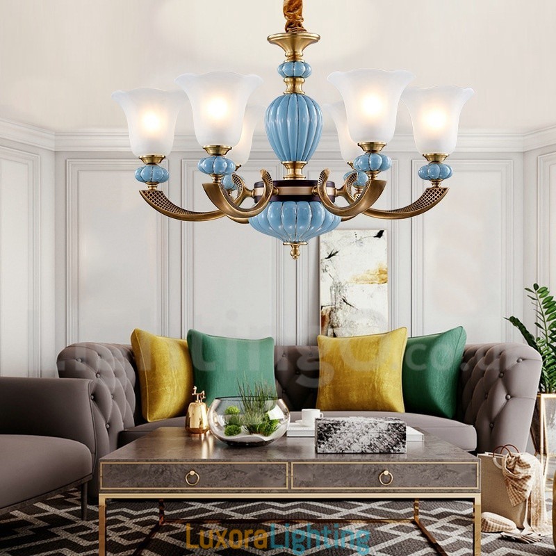 Designer Touch Decorative Retro Vintage Brass Ceramics Pendant Candle Chandelier with Glass Shades