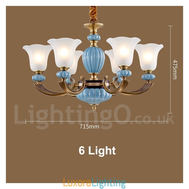 Designer Touch Decorative Retro Vintage Brass Ceramics Pendant Candle Chandelier with Glass Shades