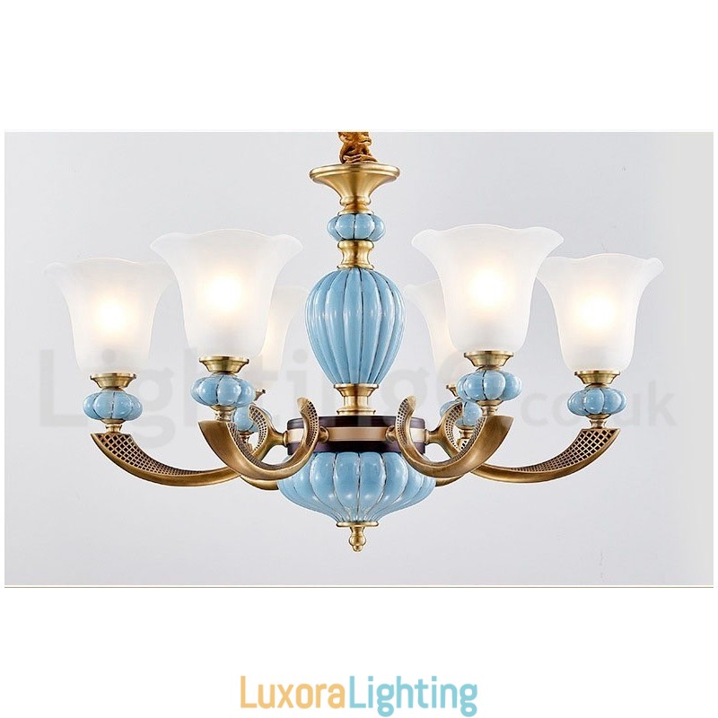 Designer Touch Decorative Retro Vintage Brass Ceramics Pendant Candle Chandelier with Glass Shades