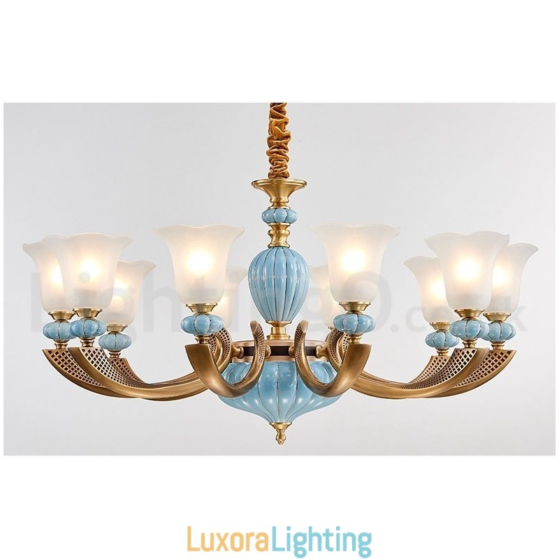Designer Touch Decorative Retro Vintage Brass Ceramics Pendant Candle Chandelier with Glass Shades