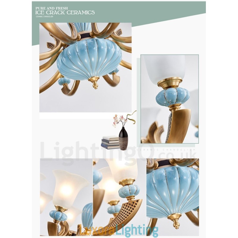 Designer Touch Decorative Retro Vintage Brass Ceramics Pendant Candle Chandelier with Glass Shades