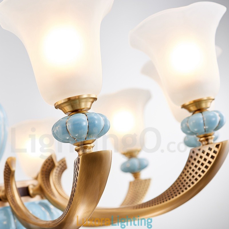 Designer Touch Decorative Retro Vintage Brass Ceramics Pendant Candle Chandelier with Glass Shades