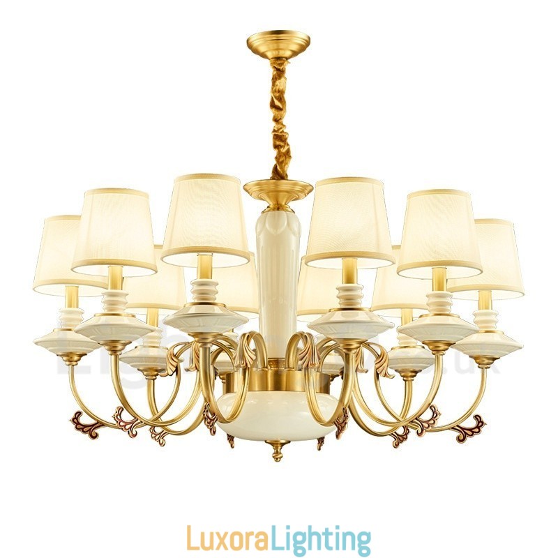 Designer Touch Decorative Retro Vintage Brass Ceramics Pendant Candle Chandelier with Fabric Shades