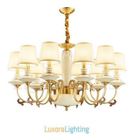Designer Touch Decorative Retro Vintage Brass Ceramics Pendant Candle Chandelier with Fabric Shades