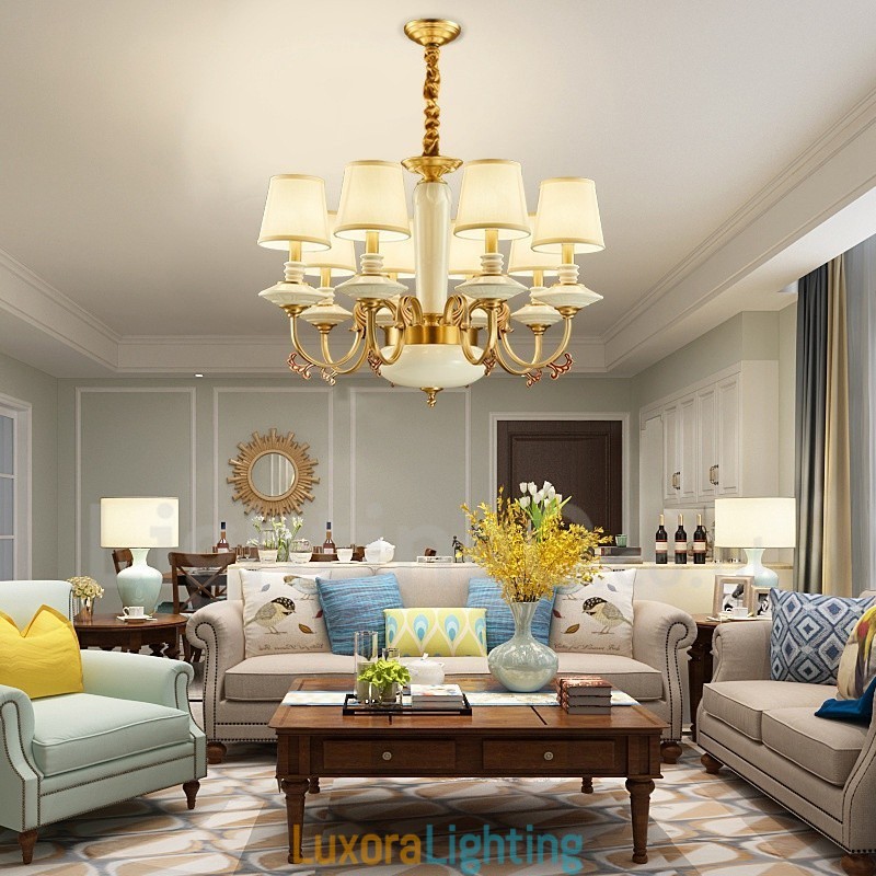 Designer Touch Decorative Retro Vintage Brass Ceramics Pendant Candle Chandelier with Fabric Shades