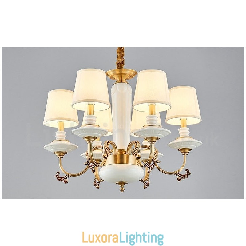 Designer Touch Decorative Retro Vintage Brass Ceramics Pendant Candle Chandelier with Fabric Shades