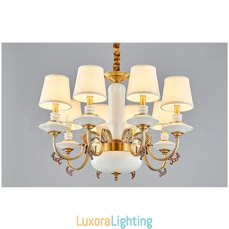 Designer Touch Decorative Retro Vintage Brass Ceramics Pendant Candle Chandelier with Fabric Shades