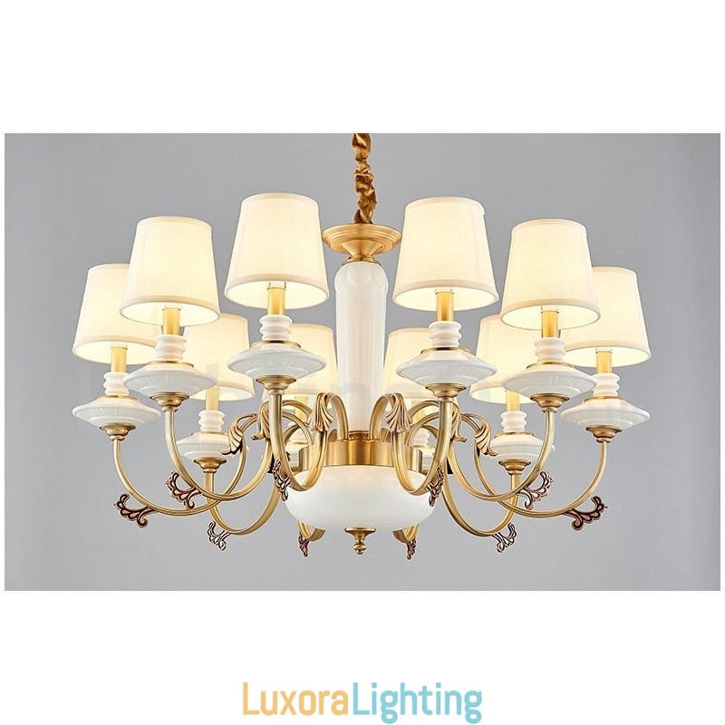 Designer Touch Decorative Retro Vintage Brass Ceramics Pendant Candle Chandelier with Fabric Shades