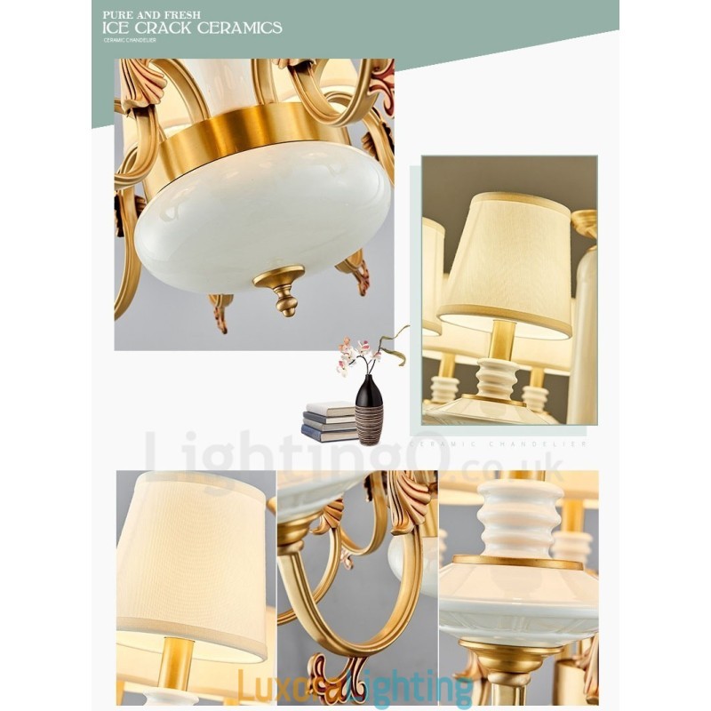 Designer Touch Decorative Retro Vintage Brass Ceramics Pendant Candle Chandelier with Fabric Shades