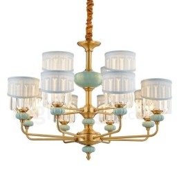 Designer Touch Decorative Pure Brass Luxurious Rustic Retro Vintage Brass Ceramics Pendant Candle Chandelier with Fabric and Crystal Shades