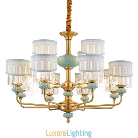 Designer Touch Decorative Pure Brass Luxurious Rustic Retro Vintage Brass Ceramics Pendant Candle Chandelier with Fabric and Crystal Shades