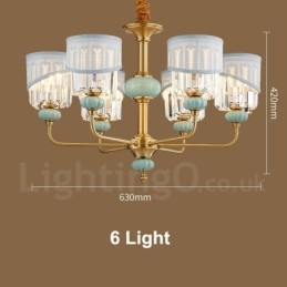 Designer Touch Decorative Pure Brass Luxurious Rustic Retro Vintage Brass Ceramics Pendant Candle Chandelier with Fabric and Crystal Shades