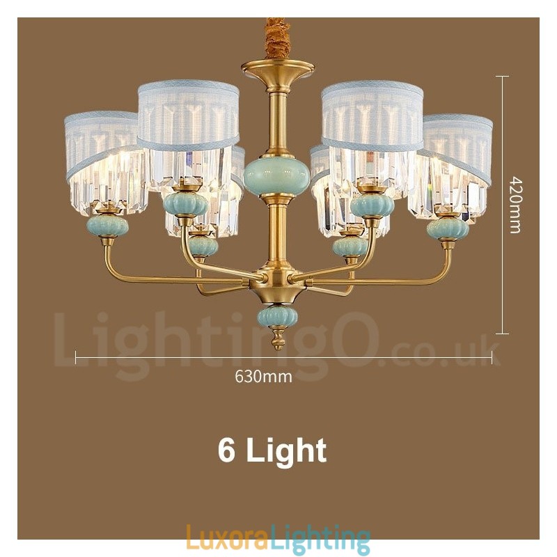 Designer Touch Decorative Pure Brass Luxurious Rustic Retro Vintage Brass Ceramics Pendant Candle Chandelier with Fabric and Crystal Shades