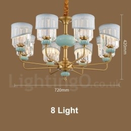 Designer Touch Decorative Pure Brass Luxurious Rustic Retro Vintage Brass Ceramics Pendant Candle Chandelier with Fabric and Crystal Shades