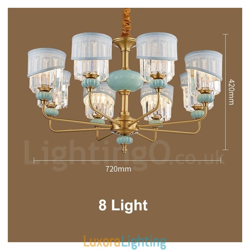 Designer Touch Decorative Pure Brass Luxurious Rustic Retro Vintage Brass Ceramics Pendant Candle Chandelier with Fabric and Crystal Shades