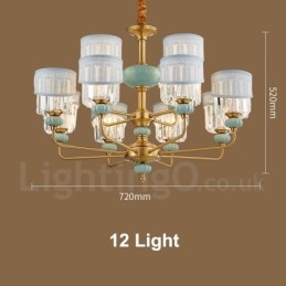 Designer Touch Decorative Pure Brass Luxurious Rustic Retro Vintage Brass Ceramics Pendant Candle Chandelier with Fabric and Crystal Shades