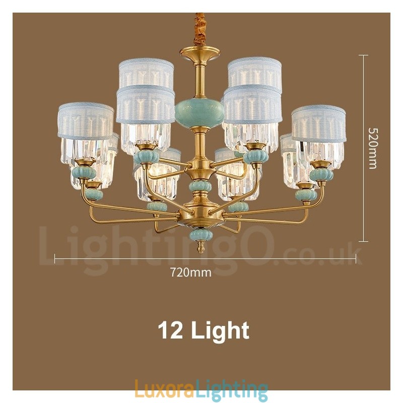 Designer Touch Decorative Pure Brass Luxurious Rustic Retro Vintage Brass Ceramics Pendant Candle Chandelier with Fabric and Crystal Shades