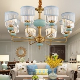 Designer Touch Decorative Pure Brass Luxurious Rustic Retro Vintage Brass Ceramics Pendant Candle Chandelier with Fabric and Crystal Shades