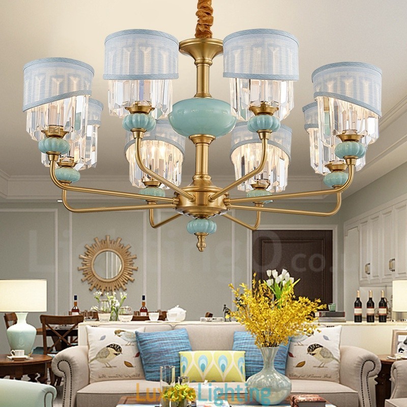 Designer Touch Decorative Pure Brass Luxurious Rustic Retro Vintage Brass Ceramics Pendant Candle Chandelier with Fabric and Crystal Shades