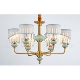 Designer Touch Decorative Pure Brass Luxurious Rustic Retro Vintage Brass Ceramics Pendant Candle Chandelier with Fabric and Crystal Shades