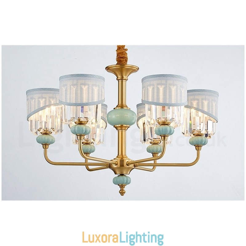 Designer Touch Decorative Pure Brass Luxurious Rustic Retro Vintage Brass Ceramics Pendant Candle Chandelier with Fabric and Crystal Shades