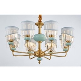 Designer Touch Decorative Pure Brass Luxurious Rustic Retro Vintage Brass Ceramics Pendant Candle Chandelier with Fabric and Crystal Shades