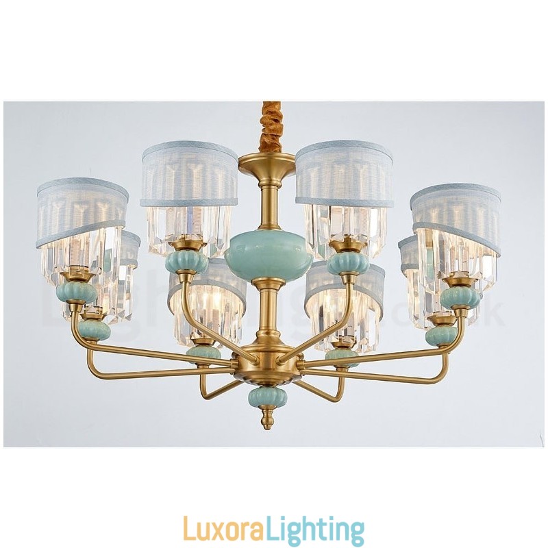 Designer Touch Decorative Pure Brass Luxurious Rustic Retro Vintage Brass Ceramics Pendant Candle Chandelier with Fabric and Crystal Shades