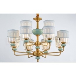Designer Touch Decorative Pure Brass Luxurious Rustic Retro Vintage Brass Ceramics Pendant Candle Chandelier with Fabric and Crystal Shades