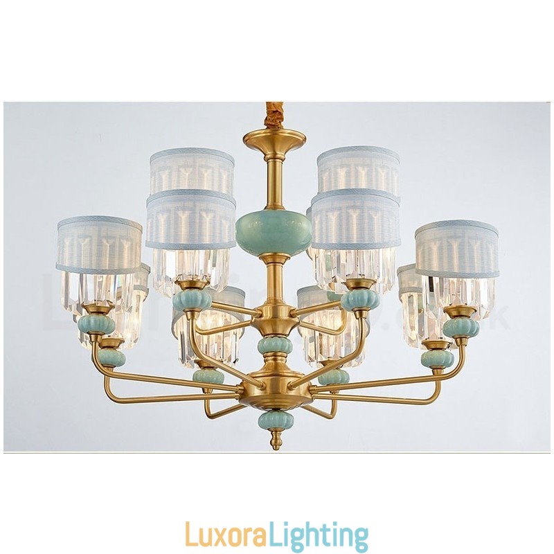 Designer Touch Decorative Pure Brass Luxurious Rustic Retro Vintage Brass Ceramics Pendant Candle Chandelier with Fabric and Crystal Shades