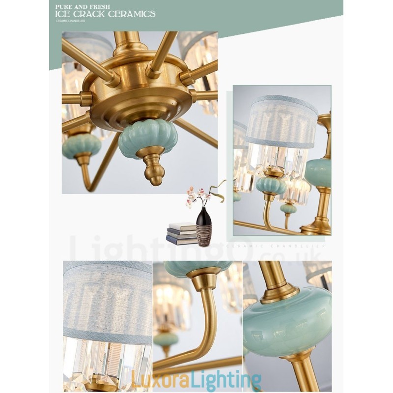 Designer Touch Decorative Pure Brass Luxurious Rustic Retro Vintage Brass Ceramics Pendant Candle Chandelier with Fabric and Crystal Shades