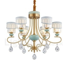 Designer Touch Decorative Pure Brass Luxurious Rustic Retro Vintage Brass Ceramics Pendant Candle Chandelier with Fabric and Crystal Shades