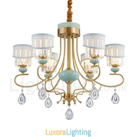 Designer Touch Decorative Pure Brass Luxurious Rustic Retro Vintage Brass Ceramics Pendant Candle Chandelier with Fabric and Crystal Shades