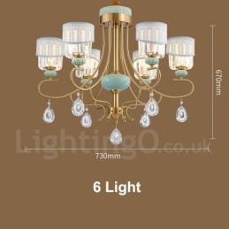 Designer Touch Decorative Pure Brass Luxurious Rustic Retro Vintage Brass Ceramics Pendant Candle Chandelier with Fabric and Crystal Shades