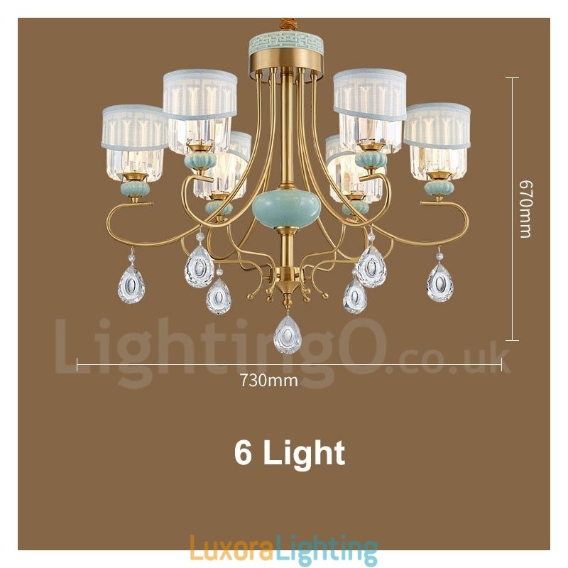 Designer Touch Decorative Pure Brass Luxurious Rustic Retro Vintage Brass Ceramics Pendant Candle Chandelier with Fabric and Crystal Shades
