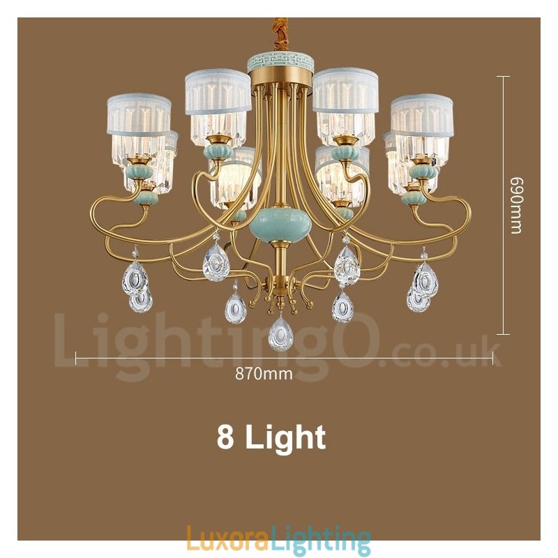 Designer Touch Decorative Pure Brass Luxurious Rustic Retro Vintage Brass Ceramics Pendant Candle Chandelier with Fabric and Crystal Shades